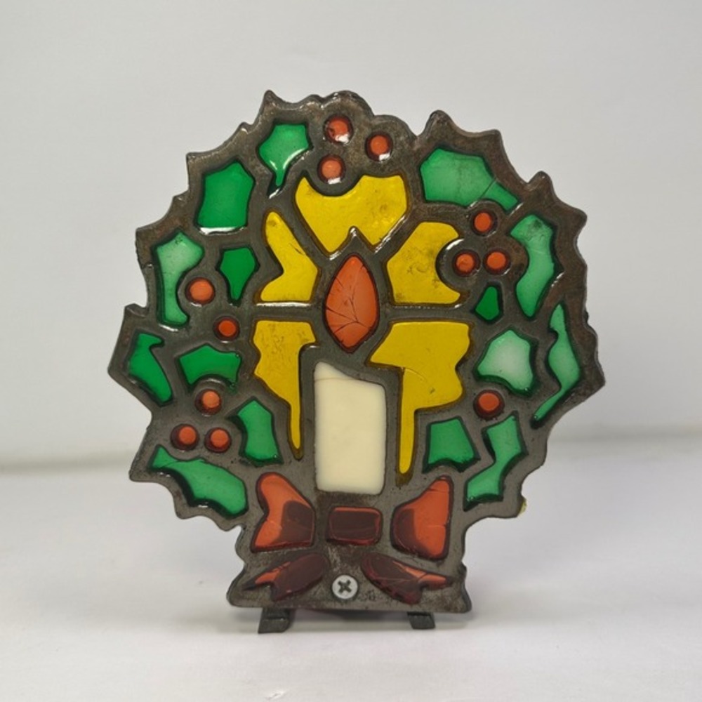Vintage Cast Iron Christmas Wreath Candle Holder Red Bow Holly Berries Vintage *